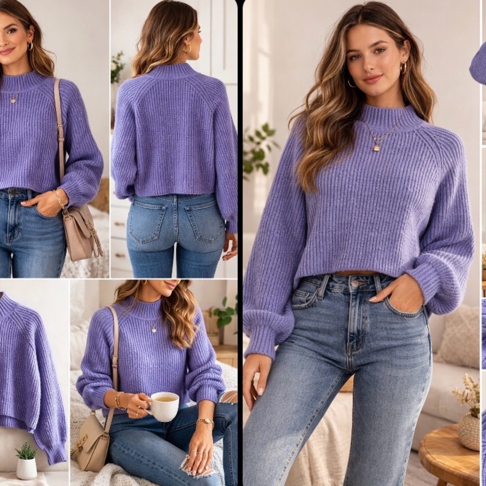 Redwood Lavender Ribbed Turtleneck Sweater Cropped Cozy Knit Size M